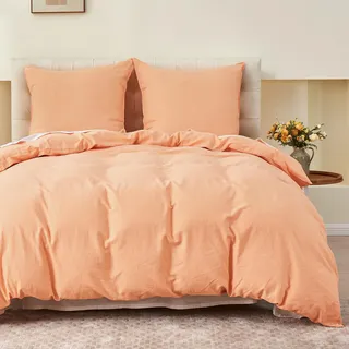 Simple&Opulence Halbleinen Bettwäsche 155x220, Atmungsaktiver Bettbezug Set aus Baumwolle und Leinen mit 80x80 cm Kissenbezug,Oeko-TEX Sommerbettwäsche 2tlg,Pfirsich