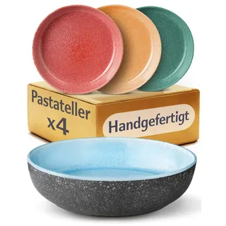 Cosumy 4er Tiefe Teller Set aus Steingut Ø22 cm – Handgefertigte Pastateller Groß Tief – Geschirr Set Modern – Tafelservice Suppenteller 4 Stück – Buntes Geschirrset (Tellerset für 4 Personen)