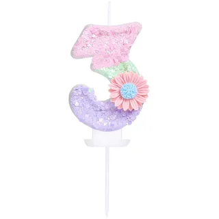 EAKE Geburtstagskerze mit Blume, Zahl 3, Süßigkeiten-Macaron-Glitzer, 3 Kerzen, Geburtstag, Mädchen, Frauen, süßes Thema, 3. Geburtstag, Hochzeit, Jahrestag, Party, Kuchendekoration, Dekoration