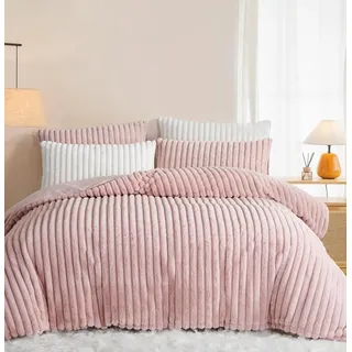 Lanqinglv Plüsch Bettwäsche 135x200 Rosa Warme Winter Flauschig Flanell Kunstfell Streifen Winterbettwäsche Kuschelig Cashmere Touch Dick Bettbezug mit Reißverschluss und 1 Kissenbezug 80x80cm