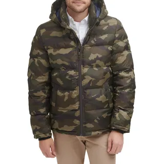 Tommy Hilfiger Herren Hooded Puffer Jacket Daunenalternativer Mantel, Camouflage Oliv, L