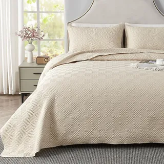 Qucover Tagesdecke Bettüberwurf 240x260cm Beige, Bedspreads aus Mikrofaser, Bettüberwuf Set mit 2 Kissenbezügen 50x75cm, Steppdecke bei 3D-Ultraschal genäht, Sofaüberwurf Bettüberwurf Überwurfdecke