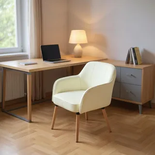 MEUBLE Cosy Bürostuhl Ergonomischer, Schreibtischstuhl ohne Rollen, Hohe Rückenlehne & Armlehnen, Tragkraft 120 kg, Chenille-Stoff, Beige