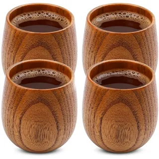 WIYETY 4 Stück Holzbecher 200ml, Naturholz Trinkbecher Holz, Flachboden Design Holztassen Schlicht, Holzbecher Kaffee, Holz Tee Set, für Zuhause und Büro