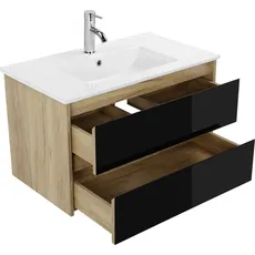 Bild von Waschtisch »Torun Badezimmerschrank Unterschrank mit Glasfronten und Softclose«, Waschplatz mit 2 Schubladen und Waschbecken Breite 80 cm, schwarz