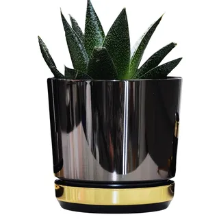 KERD Blumentopf 32 cm Duo Schwarz + Gold (DUO/088/011), dekorativ, hochwertig, aus Recycling, mit Drainage, mit Untersetzer, handbeklebt, Spiegeleffekt, Hochglanz, modern, luxuriös, glamourös