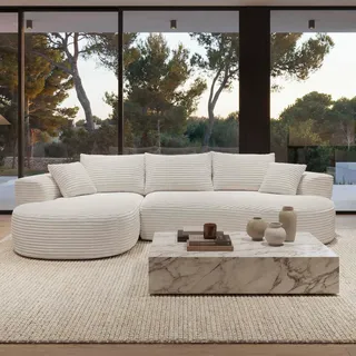 Mendler Sofa-Garnitur HWC-P19, 3-Sitzer Couch Loungesofa, Stoff/Textil Cord (370 g/m2) Liegefläche links weiß - Weiß