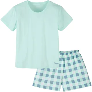 Pyjama BUFFALO, Jungen, Gr. 158/164, mint kariert, Jersey, Obermaterial: 100% Baumwolle, kariert, bequem kurz, Rundhals, abgesteppte Kante, Homewear-Sets Pyjama, Mädchen - kurzer Schlafanzug mit karierter Hose