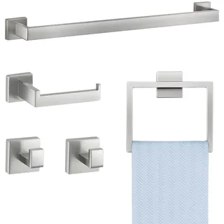Vevor Badezimmer Hardware Zubehör Set aus Edelstahl 304 (5-tlg.) inkl. Handtuchstange & Handtuchhalter (quadratischer Ring) & 2 Haken & Toilettenpapierhalter, für Badezimmer, Wandmontage Silber
