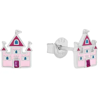 Prinzessin Lillifee Paar Ohrstecker "Schloss-Motiv" mit Zirkonia (synth.), silberfarben, rosa, pink, türkis, rosa