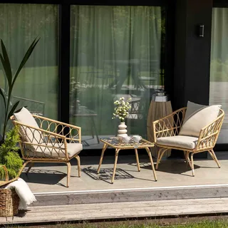 di volio Gartenmöbel-Set SAVONA, Terrassenmöbel Lounge Set aus Polyrattan, Essgruppe für 2 Personen, wetterfeste Sitzgruppe - Couchtisch & 2 Sessel - Beige, Creme