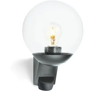Steinel Außenwandleuchte L 595 S Anthrazit mit Bewegungsmelder – Wandleuchte mit Glaskugel für Außen, 180° PIR-Sensor bis 10 m, Dämmerungsschalter, IP44 wetterfest, E27-Fassung, für Haus und Terrasse