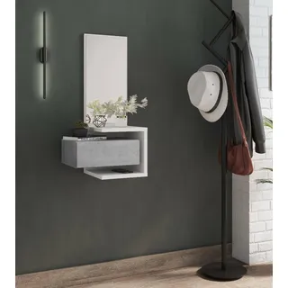 Dmora - Eingangsmöbel mit Spiegel, Flureingang mit Schublade und Regal, Taschenleerer für kleine Wohnungen, 43x32h90 cm, Farbe Weiß und Beton