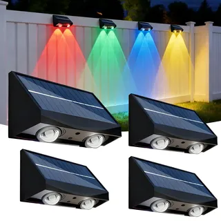 Hqynss Solar Wandleuchten Außen, 4 Stück RGB Zaunleuchten mit 9 Lichtmodi | IP65 wasserdicht, Auto Ein/Aus, hohe Helligkeit, Konvexlinse, lange Leuchtdauer für Hauswand, Terrasse, Balkon, Treppe & Hof