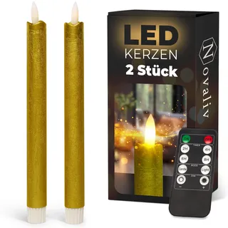 Novaliv Stabkerzen LED mit Timer Gold 2er Indoor mit 6 Stunden Timer - ECHTWACHS 23cm Höhe für Kerzen 2,2cm Durchmesser 2 AAA Batterien notwendig LED Stabkerzen flackernde Flamme bewegliche Flamme