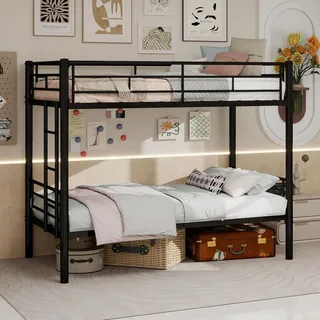 FAVSH Etagenbett 90x190 cm, Hochbett Metalltreppe, Bunk Bed mit SchutzgeläNder und Zugangsleitern, Hochbetten Erwachsene mit Lattenrost und Rausfallschutz für Jugendliche und Erwachsene (Schwarz)