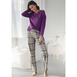 Pyjama LASCANA, Damen, Gr. 36, lila (beere), Single Jersey, Obermaterial: 100% Baumwolle, kariert, figurumspielend lang, Rundhals, eingesetzt Babylock, Homewear-Sets Pyjama, mit Flanellhose im Karomuster