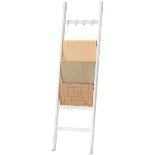 Yorbay Handtuchleiter Bambus, 6 Sprossen, Kleiderleiter mit 2 Sturzsicherheitsriemen und 4 Haken, Handtuchhalter Leiter für Dekoratives Badezimmer, Leiter Deko HxB 170 x 43 cm (Weiß)