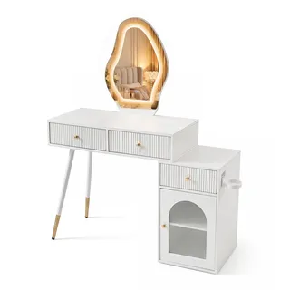 FANTASK Schminktisch mit Spiegel LED Licht und Seitenschrank | Kosmetiktisch Weiß mit 3 Lichtmodi Dimmer 3 Schubladen Haartrocknerhalter Frisiertisch für Schlafzimmer