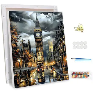 NEWENMO Big Ben Malen Nach Zahlen mit Rahmen,London Straße Nachtblick Paint by Numbers,Malen Nach Zahlen Erwachsene,DIY Handgemalt Ölgemälde Set mit Pinseln und Acrylfarben,für Home Decor 30x40cm