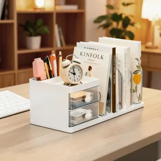Schreibtisch-Organisator mit Dateihalter , Multifunktionales Schreibtisch-Zubehör , Geräumiger Schreibwaren-Organisator , Schreibtisch ordentliche Aufbewahrung für Bücher und Stifte (Alpine White)