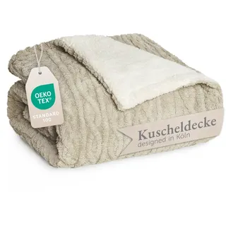 Blumtal Kuscheldecke 220x240 cm mit Zopfstrick-Optik - Oeko-TEX zertifizierte Mikrofaser Fleecedecke mit weicher Sherpa-Innenseit/Kuscheldecke flauschig 220x240 - Beige und Weiß