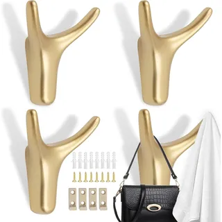 WZYTEU 4 Stk Garderobenhaken Gold, Doppelhaken Kleiderhaken Wand mit 8 Schrauben 8 Expansionsrohre 4 Feste Schnalle für Schlafzimmer, Küche & Wohnzimmer