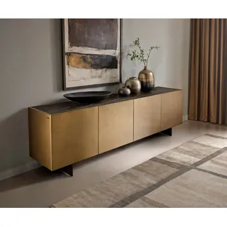 DELIFE Sideboard Kazu 220 cm Metallic Gold 4 Türen schwebend Metall Schwarz Keramik Laminam®Noir Desir Braun - Gold