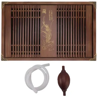 Kungfu-Teetablett, chinesischer Gongfu-Abfluss, Wasserspeicher, Holztisch mit Abflussrohr, helle schwarze Orchidee