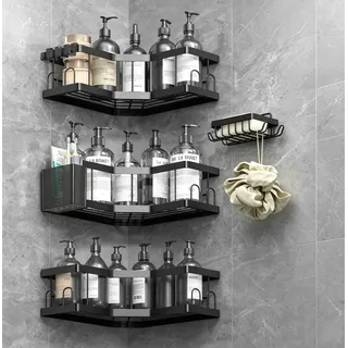 Duschablage Ohne Bohren, 5 Pcs Schwarz (SML+2) Duschregal, Kohlenstoffstahl Badregal mit Kleber, Shampoo Halterung für Dusche, Rostbeständiger Duschkorb, Dusche Halterung Zubehör, Badezimmer Regal
