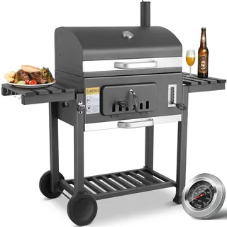 BBQ Grillwagen xxl, Holzkohlegrill mit Deckel & 2PCS Räder, Standgrill, inkl. Schornstein, Thermometer, Grillrost, Smoker für Camping BBQ und Garten, Grau Holzkohlegrill, 152x136x60cm Grill