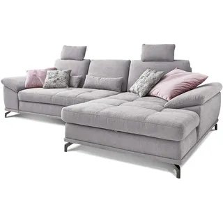 Cavadore Schlafsofa Castiel mit Federkern / Großes Bettsofa in L-Form mit Bettkasten, Sitztiefenverstellung, Kopfstützen und XL-Longchair / 312 x 114 x 173 / Webstoff, Hellgrau