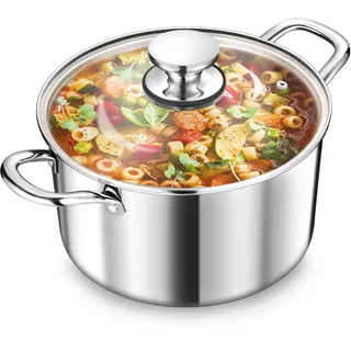 TEAMFAR Kochtopf Groß 24cm, 3-Lagen Edeastahl 5,7L Topf mit Glasdeckel | Nudeltopf Fleischtopf mit Glasdeckel für alle Herdarten, Edeastahl Poliert & Unbeschichtet, Gesund, Spülmaschinenfest