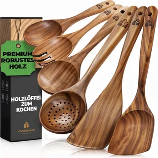 Kochlöffel Holz Set - Holzkochlöffel 6 Stück aus Teakholz mit Holzlöffel Set und Pfannenwender - Natürlich & Perfekt für Antihaft. Robuste & Hitzebeständige Küchenutensilien