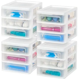 IRIS USA stapelbarer Schreibtisch-Organizer aus Kunststoff, 3 Schubladen, 4 Stück, für Makep, Schminktisch, Nagellack, Badezimmer, Schreibwaren, Kunsthandwerksbedarf, Küche, Büro, Garage und kleine
