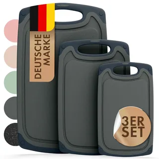 Blumtal Schneidebrett Set mit 3 Größen (S/M/L) - Schneidebrett Kunststoff groß + Saftrillen & Griff - Cutting Board - Schneidbrett BPA frei und spülmaschinenfest - Küchenbrett Grau