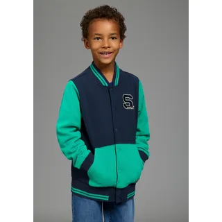 Sweatjacke SCOUT "College-Jacke mit Badge - NEU von SCOUT", Jungen, Gr. 128/134, bunt (marine), angeraute Sweatware, Obermaterial: 100% Baumwolle, bedruckt, Basic hüftlang, Rundhals, Rippbündchen, Sweatjacken Sweatjacke, mit Rippkragen, mit Rippbündchen an Ärmeln und Rumpfabschluss