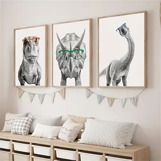 Meuzzvor 3er Set Poster Kinderzimmer Bilder lustige Dinosaurier Wandbilder Junge Mädchen Deko Bilder Babyzimmer Kinderbilder Premium Ohne Rahmen (40x50cm)
