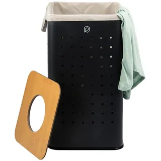 ELUNO Wäschetonne, Wäschekorb, Wäschesammler mit waschbarem Wäschesack und abnehmbaren Deckel, 50 Liter Fassungsvermögen für Schlafzimmer, Badezimmer, Wäscheaufbewahrung aus Metall (Schwarz)