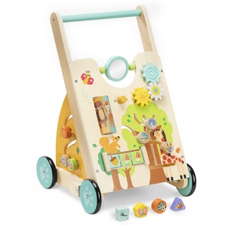 Navaris Lauflernwagen Baby Activity Wagen - Holz Lauflernhilfe mit Spielelementen - Spielwagen Laufwagen Holzspielzeug ab 18 Monaten - beige bunt Wald Design