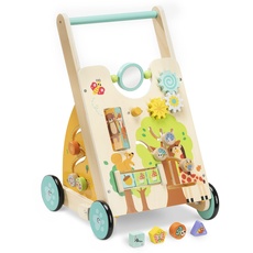 Navaris Lauflernwagen Baby Activity Wagen - Holz Lauflernhilfe mit Spielelementen - Spielwagen Laufwagen Holzspielzeug ab 18 Monaten - beige bunt Wald Design