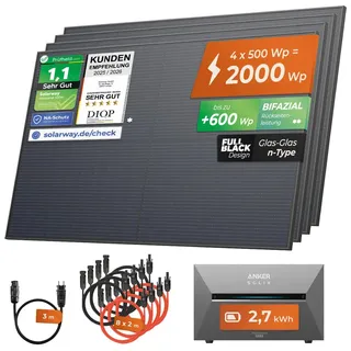 Solarway® 2000Wp / 800W Balkonkraftwerk mit 2,7 kWh Speicher komplett Steckdose - 2,7 kWh Anker SOLIX 3 PRO Speicher