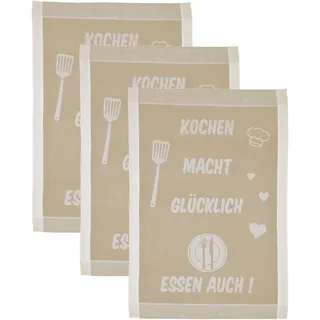 ROSS Geschirrtuch »Kochen macht glücklich... Essen auch«, (Set, 3 tlg.), Sprüchetuch, aus 100% Baumwolle, beige