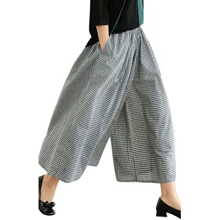 Leyoutx Damen-Culotte-Hose aus Baumwolle und Leinen, weites Bein, elastische Taille, kariert, Vichy-Muster, Capri-Palazzo-Hose