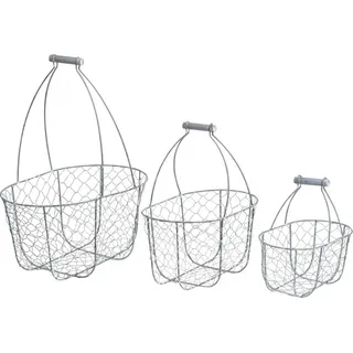 Drahtkorb-Set 3tlg mit Henkel, Nostalgische Körbe, Shabby Chic Metallkorb, Antik Silbern & Weiß, L35/30/25cm H46,5/35/25cm - Weiß