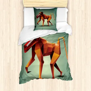 ABAKUHAUS Geometrisch Mantele, Polygonal Wilder AFFE, Milbensicher Allergiker geeignet mit Kissenbezügen, 135 cm x 200 cm - 80 x 80 cm, Orange Forest Green - Orange
