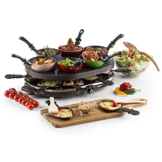 oneConcept Woklette - Raclette Grill , Tischgrill , Partygrill , Leistung: 1200 Watt, stufenlos regulierbare Temperatur , inkl. 8 Pfännchen und Holzspatel , Antihaftbeschichtung , schwarz - Schwarz