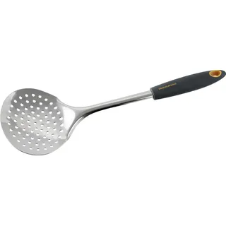 Fackelmann Abseihlöffel 34 cm SOFT, Küchenhelfer mit Funktionsteil aus Edelstahl, Schaumlöffel mit ergonomischen Griff (Farbe: Orange/Grau), Menge: 1 Stück