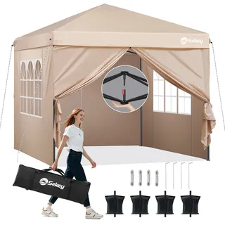 Sekey Faltpavillon 3x3 mit 4 Seitenwänden und mit 4 Sandsäcke, Wasserdicht Pop Up Pavillon für Camping, Festival, Events, Picknicks, Taupe - Taupe