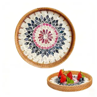 Rundes Rattan Tablett mit Perlmutt Inlay, Handgewebtes Dekoratives Perlmutte Rattan Serviertablett mit Holzboden, Boho Deko Tablett für Frühstück, Getränke, Snacks, Desserts, Früchten(Liebesblume)